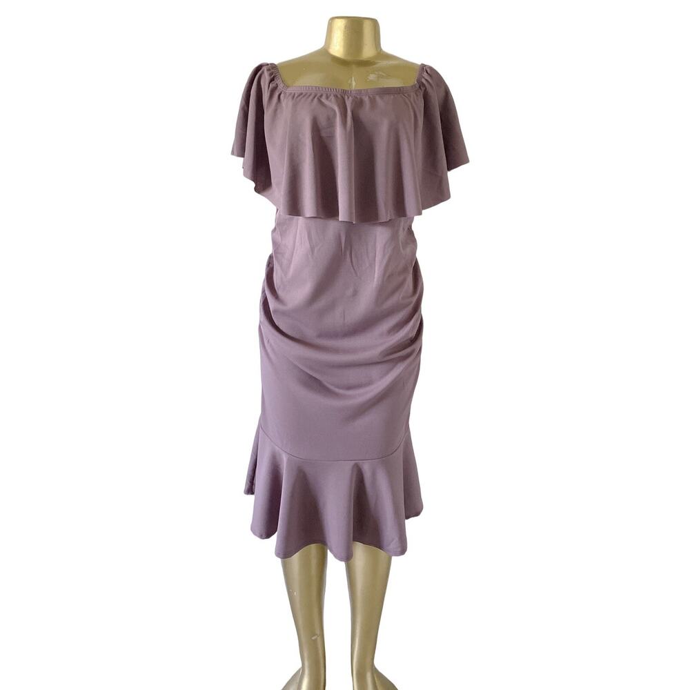 My Bump Maternity Dress Large Purple Off Shoulder Ruffle Midi Baby Shower NWT